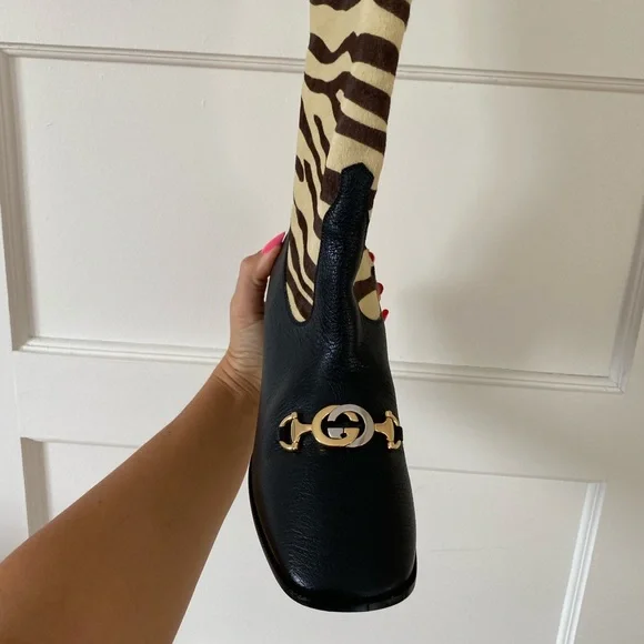 Gucci Horsebit Logo Black Zumi Tiger Print Pony Leather Knee High